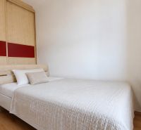 Schlafzimmer in einer 2-Zimmer-Wohnung mit Holzboden und Einbauschrank.