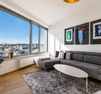 Wohnzimmer in einer 3-Zimmer-Wohnung mit Holzboden und Blick auf die Stadt.