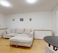 Helles Zimmer in einer 3-Zimmer-Wohnung mit Sofa und Wanddekoration.