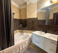 Badezimmer mit Badewanne, Waschbecken und eleganten Fliesen in einer 3-Zimmer-Wohnung.