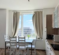 Küche mit Esstisch, Boden mit Holzdekor, in einer 3-Zimmer-Wohnung.