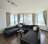 Geräumiger Wohnbereich mit dunklem Sofa und Boden in Holzoptik in einer 3-Zimmer-Wohnung.