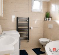 Ein Badezimmer in einem Einfamilienhaus mit Waschbecken, Waschmaschine, Dusche und Pflanzen auf dem Regal.