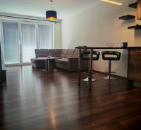 Wohnzimmer einer Zweizimmerwohnung mit Holzboden und bequemer Couch.