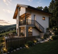 Ein Einfamilienhaus in Hriňová auf Pivnička 430, umgeben von einer Terrasse und einem Garten mit Beleuchtung.