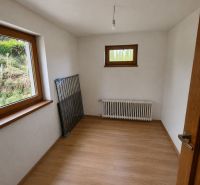 Ein Zimmer in einem Einfamilienhaus mit einem Heizkörper und einem Boden in Holzoptik.