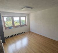 Ein Raum mit Holzboden in einem Einfamilienhaus, großes Fenster und weiße Wände.