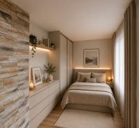 Schlafzimmer in einem Einfamilienhaus mit Holzboden, sanften Naturtönen und Steinverkleidung.