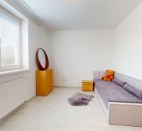 Ein Zimmer in einer 3-Zimmer-Wohnung mit einem Sofa, einem Sessel und einer Pflanze auf einem Boden mit Holzdekor.