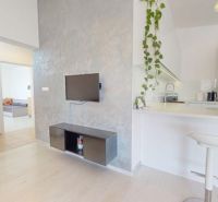 Innenraum einer 3-Zimmer-Wohnung mit weißer Küche, Fernseher und Boden in Holzoptik.