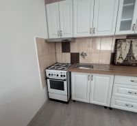 Küche mit weißen Schränken und Holzboden in einer Einzimmerwohnung.
