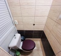 Toilette mit Fliesen in einer Einzimmerwohnung, helle und dunkle Fliesen an den Wänden.