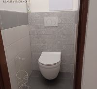 Toilette in einer 2-Zimmer-Wohnung mit dekorativen Wandverkleidungen und grauem Boden.