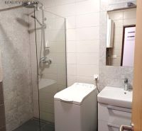 Badezimmer in einer 2-Zimmer-Wohnung mit Waschmaschine, Duschkabine und Waschbecken.