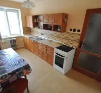 Küche einer 2-Zimmer-Wohnung mit Esstisch, Küchenzeile und Elektroherd.