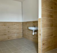 Ein Raum mit Wänden in Holzdekor und einem Waschbecken in Lagern und Hallen.
