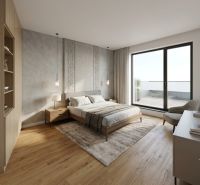 Schlafzimmer in einer 4-Zimmer-Wohnung mit großem Fenster und Boden in Holzoptik.