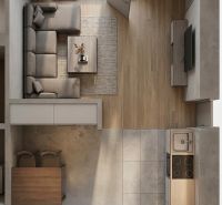 Blick von oben auf das Wohnzimmer mit einem Holzboden in einer 4-Zimmer-Wohnung.