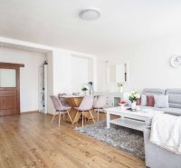 Wohnzimmer in einer 2-Zimmer-Wohnung mit Holzboden und bequemer Couch.