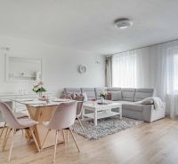 Helles Wohnzimmer mit Sofa, Esstisch und Holzboden.