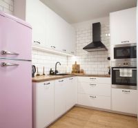 Küche in einer 2-Zimmer-Wohnung mit einem rosa Kühlschrank und einem Boden in Holzoptik.
