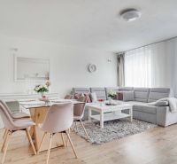 Wohnzimmer in einer Zweizimmerwohnung mit Holzboden, grauem Sofa und Esstisch.