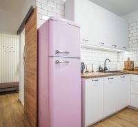 Küche in einer 2-Zimmer-Wohnung mit einem Retro-Rosa-Kühlschrank und einem Boden in Holzoptik.