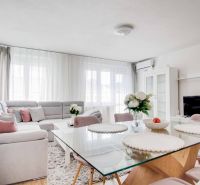 Wohnzimmer in einer Zweizimmerwohnung mit weißem Sofa und Glastisch.