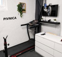Fitness-Ecke mit Laufband, Fernseher und Hantelbank im Keller einer 3-Zimmer-Wohnung.
