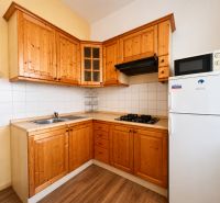 Küche in einer Einzimmerwohnung mit Holzschränken und einem Boden in Holzoptik.