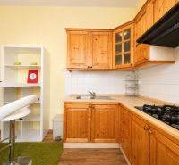 Küche in einer Einzimmerwohnung mit Holzschränken und Boden in Holzoptik.
