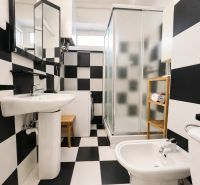 Schwarz-weißes Badezimmer mit Dusche und Waschmaschine in einer Einzimmerwohnung.