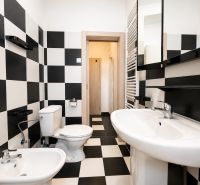 Badezimmer mit schwarz-weißen Fliesen und Keramiksanitäreinrichtungen in einer Einzimmerwohnung.