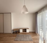 Wohnzimmer mit Holzboden und großen Fenstern in einer Zweizimmerwohnung.