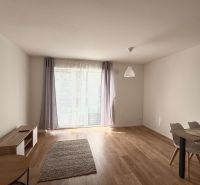 Wohnzimmer mit Esstisch und Holzboden in einer Zweizimmerwohnung.