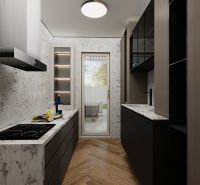 Eine Küche in einem Einfamilienhaus mit Geräten, einer Marmor-Arbeitsplatte und einem Boden in Holzoptik.