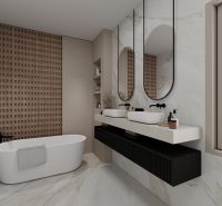 Badezimmer im Einfamilienhaus mit Badewanne, großen Spiegeln und Waschbeckenarmaturen.