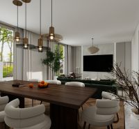 Esstisch und bequeme Sessel in einem Einfamilienhaus mit Holzboden.