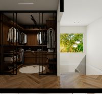 Innenraum eines Einfamilienhauses mit verglastem Ankleidezimmer, Fenster und Boden mit Holzdekor.