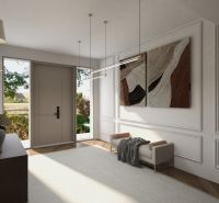 Innenraum eines Einfamilienhauses mit Diele, Kunst an der Wand und Boden mit Holzdekor.