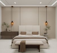 Schlafzimmer mit Doppelbett, Hängelampen und Holzelementen in einem Einfamilienhaus.