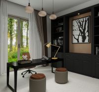 Ein Interieur eines Einfamilienhauses mit einem Arbeitszimmer, einem Schreibtisch und einem großen Fenster mit Aussicht.