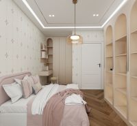 Schlafzimmer im Einfamilienhaus mit Bett, Regalen und Boden mit Holzdekor.