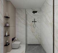 Badezimmer in einem Einfamilienhaus mit eleganten Fliesen und einer Duschkabine.