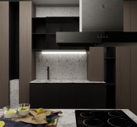 Küche im Einfamilienhaus mit Marmor-Arbeitsplatte und dunklem Holzdekor.