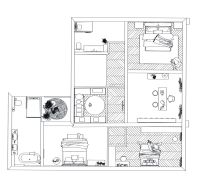 Der Grundriss des Einfamilienhauses zeigt drei Schlafzimmer, ein Badezimmer und eine Küche. Der Boden hat ein Holzdekor.