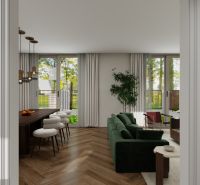 Wohnzimmer in einem Einfamilienhaus mit Holzboden und grünem Sofa.