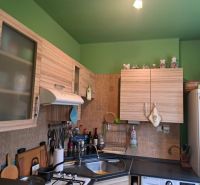 Küche in einer 2-Zimmer-Wohnung mit Holzschränken und grüner Wand.