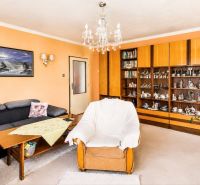 Wohnzimmer in einem Einfamilienhaus mit Sessel, Sofa und einer Vitrine voller Keramik.