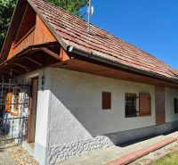 Ein Einfamilienhaus in Mikušovce mit Holzläden und einem roten Dach, umgeben von Grün.